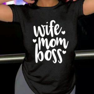Wife Mom Boss Letter Print Black T-shirt